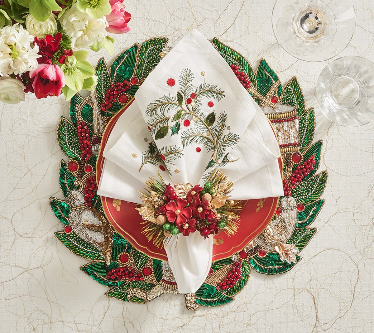Christmas Carol Napkin in White, Red & Green, Set of 4 Kim Seybert
 at Fig Linens and Home 2