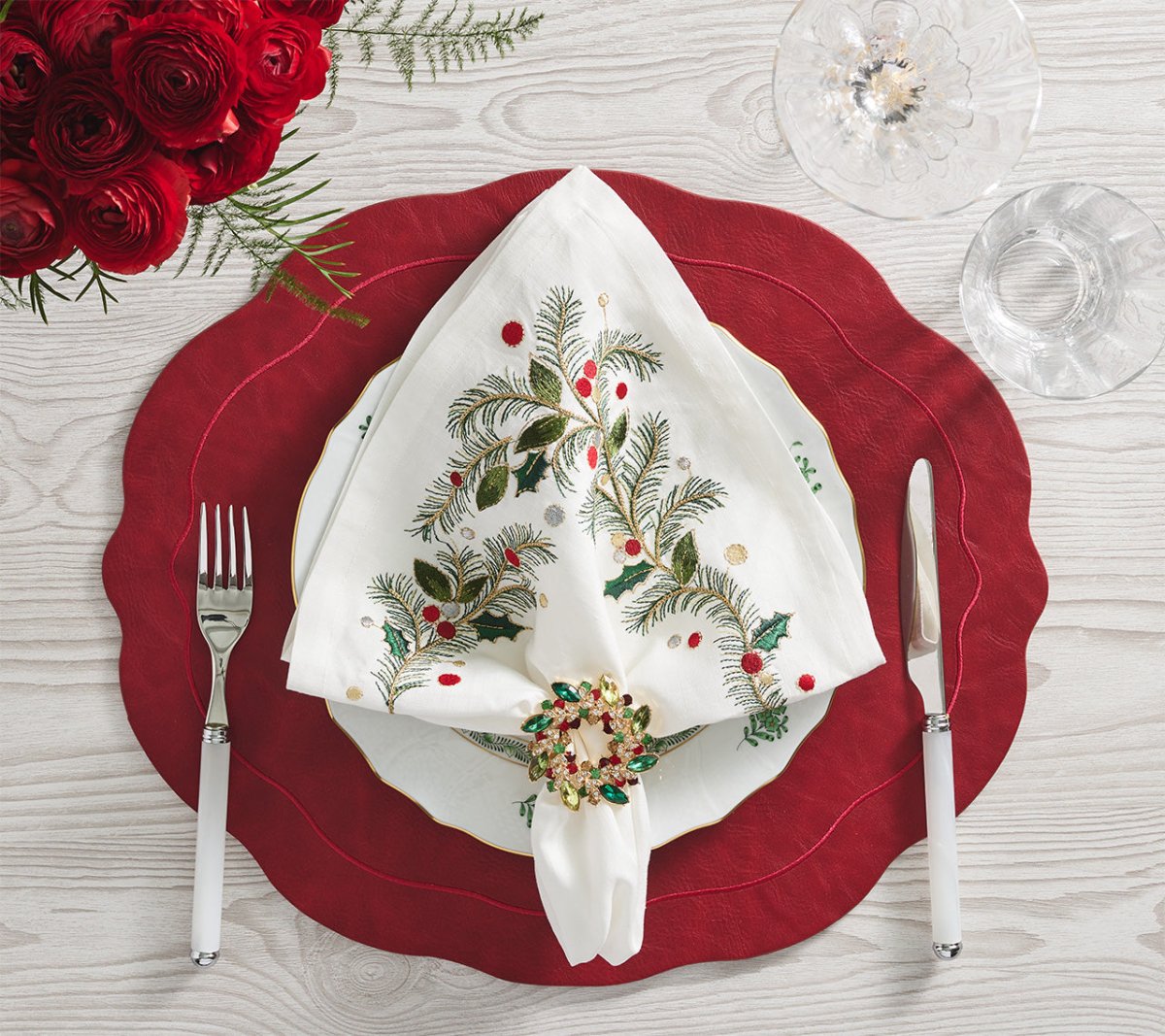 Christmas Carol Napkin in White, Red & Green, Set of 4 Kim Seybert
 at Fig Linens and Home 4