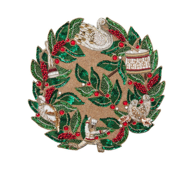 Xmas Carol Placemat in Red, Green & Gold, Set of 2 Kim Seybert at Fig Linens and Home