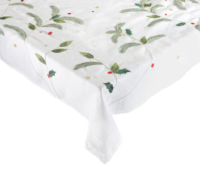 Christmas Carol Tablecloth White, Red & Green | Holiday Table Linens at Fig Linens and Home 1