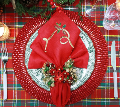 Christmas Napkin in Ribbons Red, Green & Gold - Kim Seybert Holiday Napkins at Fig Linens and Home 1