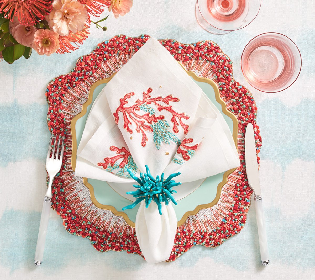 Coral Spray Napkin in White Coral & Turquoise Set of 4 by Kim Seybert at Fig Linens and Home 2