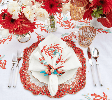 Coral Spray Napkin in White Coral & Turquoise Set of 4 by Kim Seybert at Fig Linens and Home 4