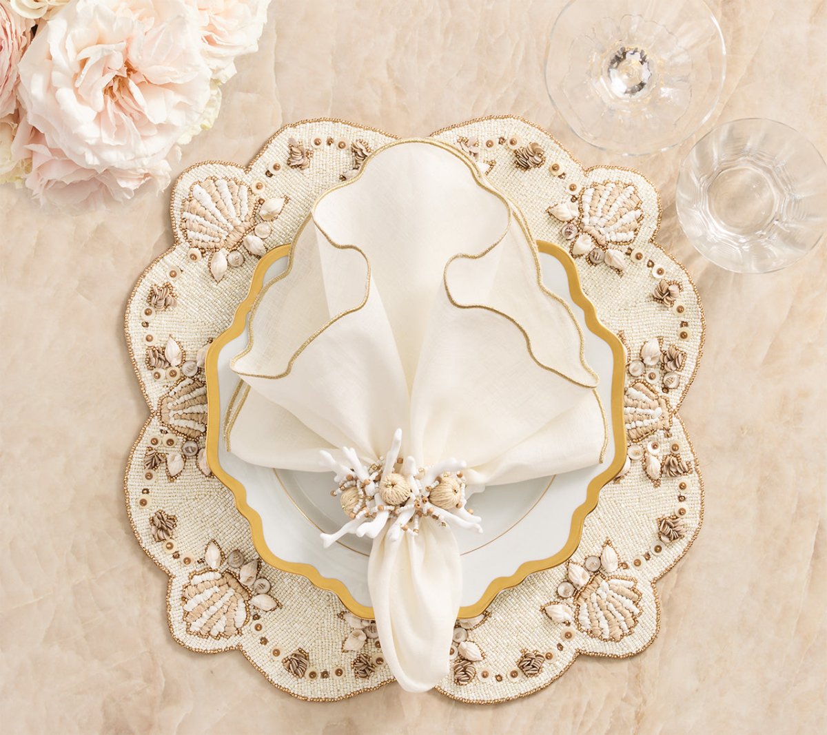 Coral Spray Napkin Ring in White & Natural Set of 4 by Kim Seybert at Fig Linens and Home 1