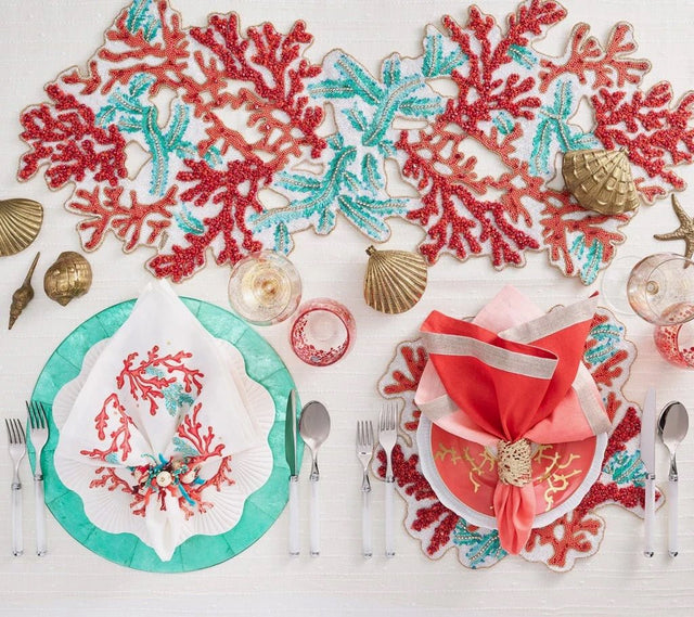 Coral Spray Table Runner in Coral & Turquoise by Kim Seybert at Fig Linens and Home 1