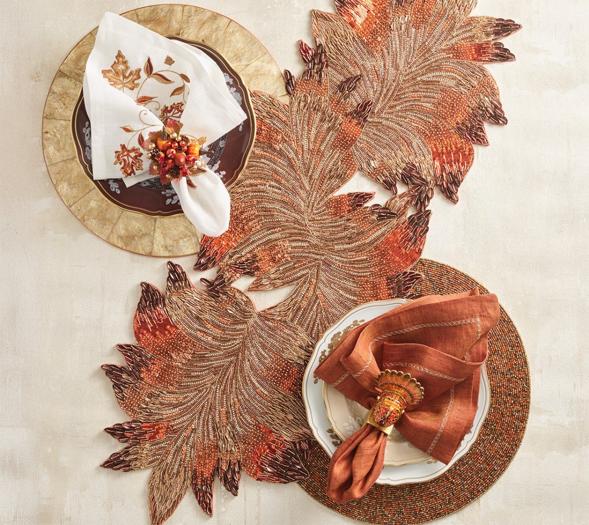 Cornucopia Napkin Ring in Multi, Set of 4 Kim Seybert - Lifestyle photo with runner and napkins