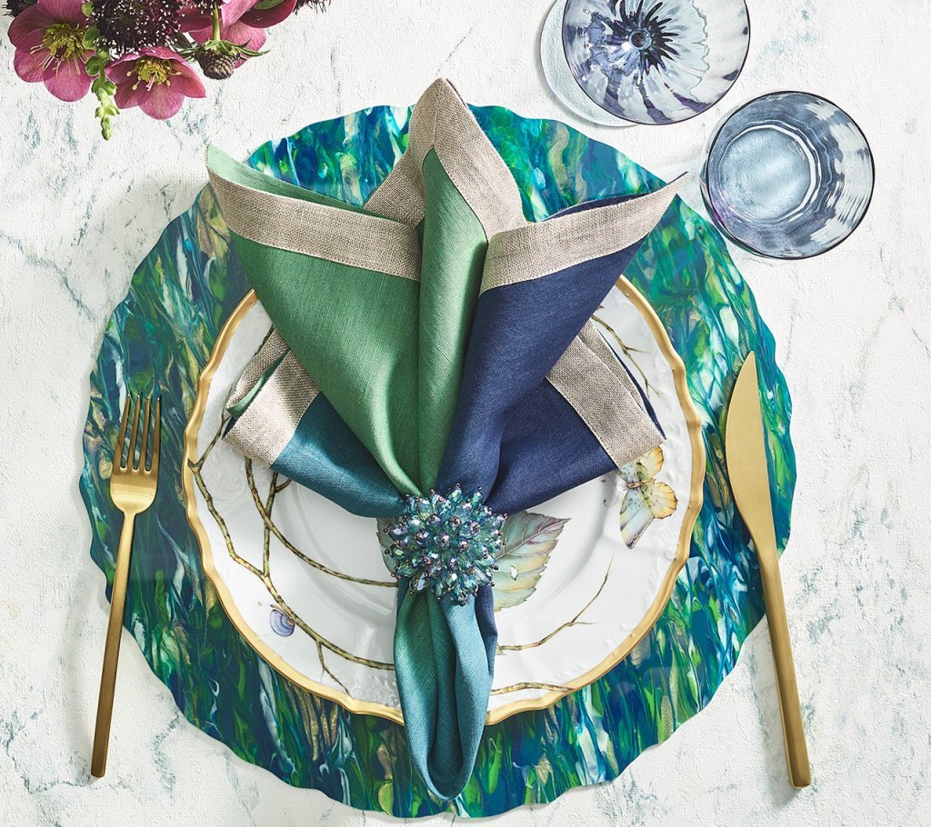 Dip Dye Napkin in Navy & Green Set of 4 by Kim Seybert Navy/Green 21"L x 21"W x 0.1"H Napkin - Set of 4 at FIG LINENS AND HOME 1