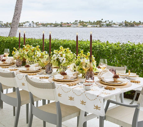 Kim Seybert Embroidered Palm Tablecloth in White Natural & Gold at Fig Linens and Home - Lifestyle 1