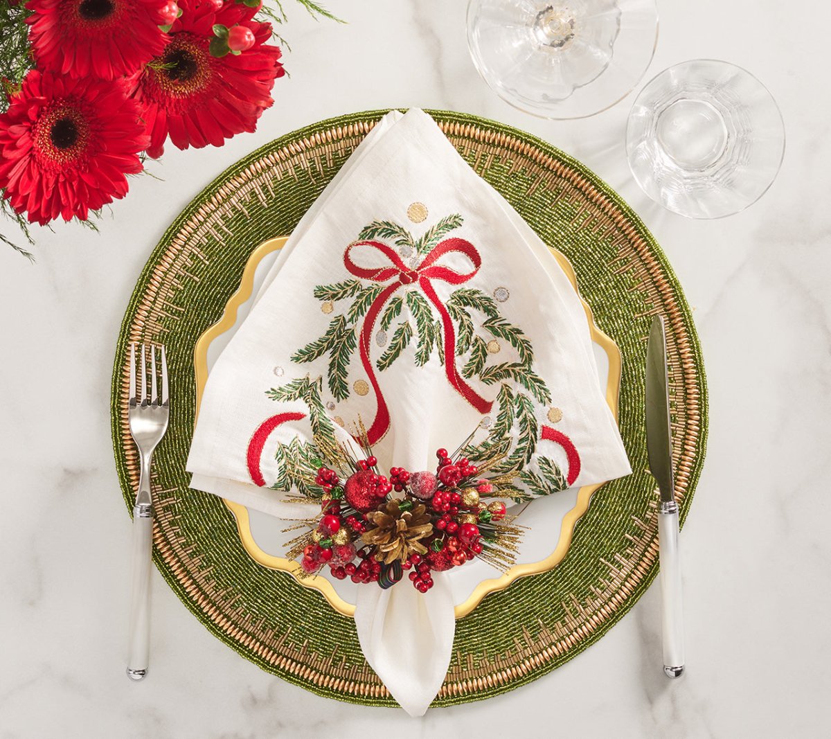 Kim Seybert Placemats - Enamor Placemat in Green & Gold at Fig Linens and Home - Lifestyle 1