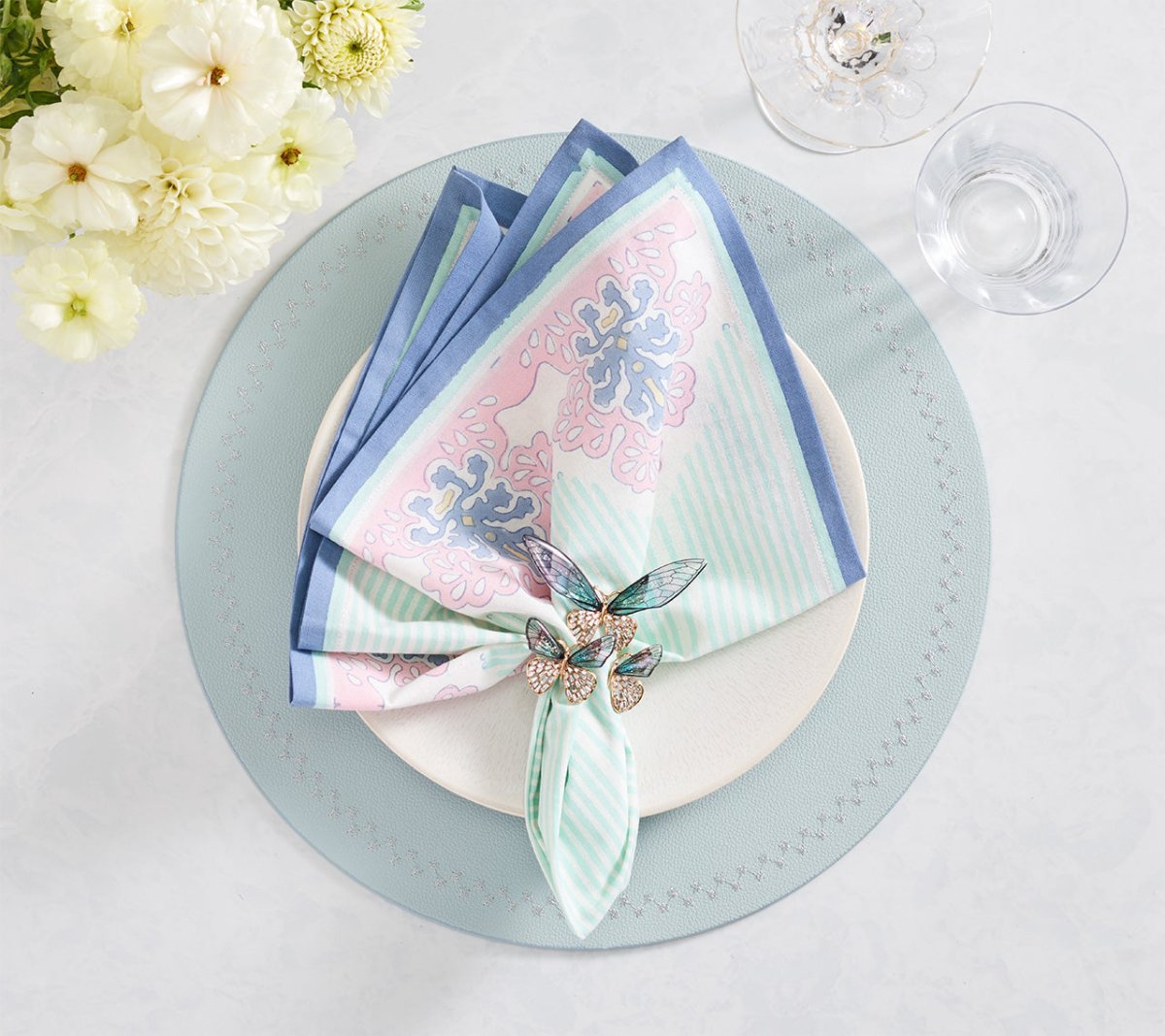 Filigree Napkin in White & Sorbet Set of 4 by Kim Seybert at Fig Linens and Home - Lifestyle 3