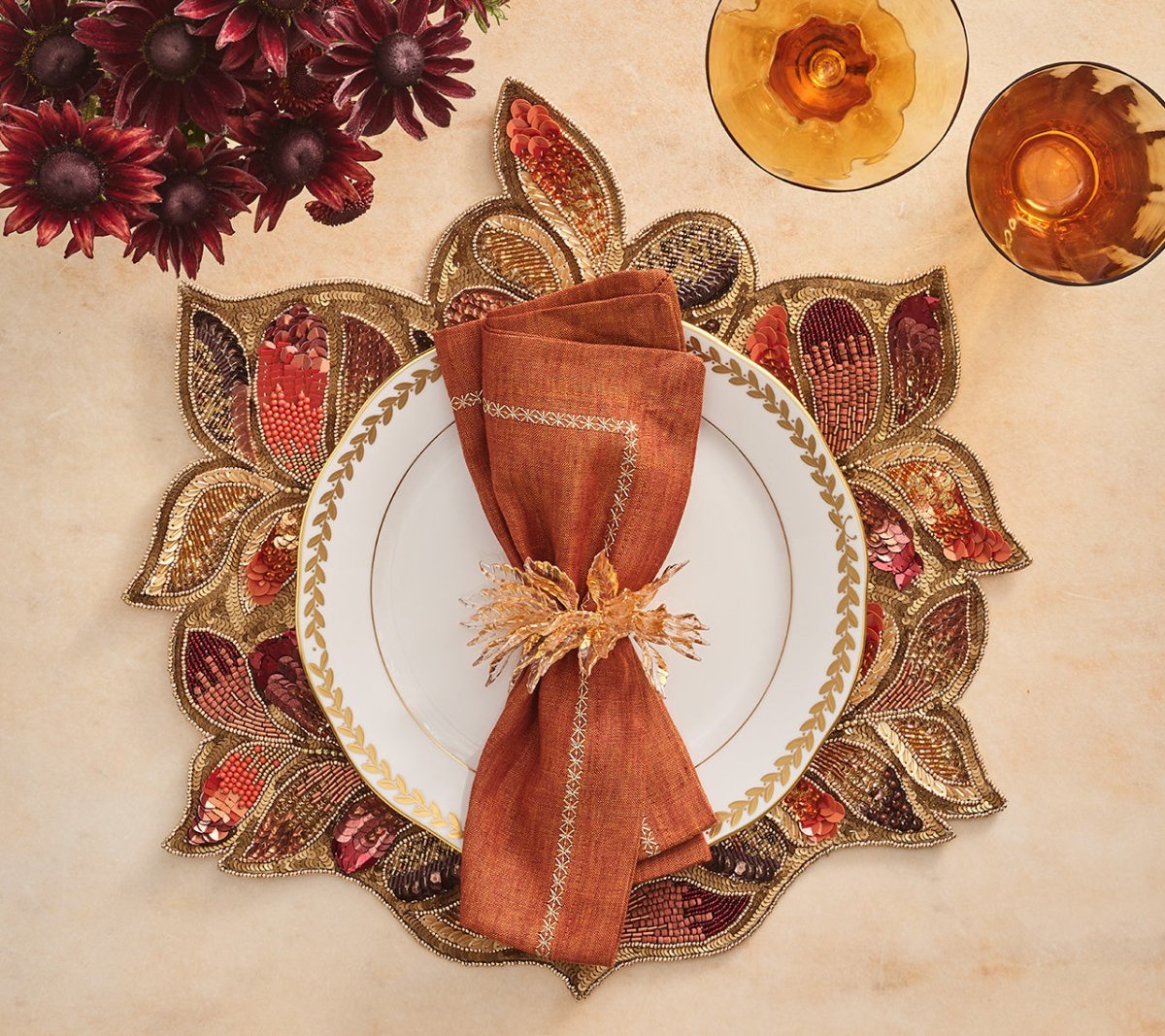 Gilded Leaves Napkin Ring in Gold Set of 4 by Kim Seybert at Fig Linens and Home 11