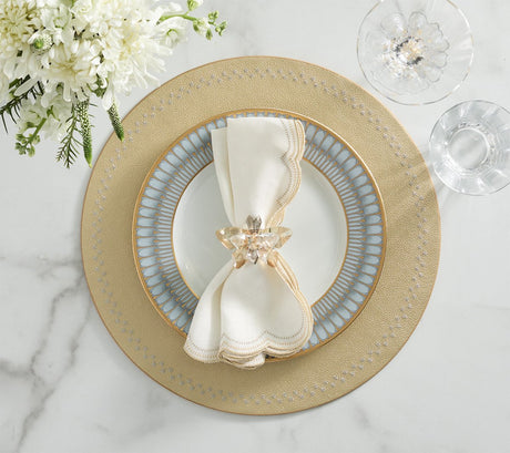 Glasswing Napkin Ring in Champagne & Crystal, Set of 4 in a Gift Box Kim Seybert at Fig Linens and Home shown with Napkin and Placemat