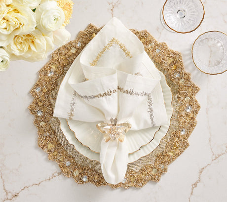 Glasswing Napkin Ring in Champagne & Crystal, Set of 4 in a Gift Box Kim Seybert  shown with Placemat