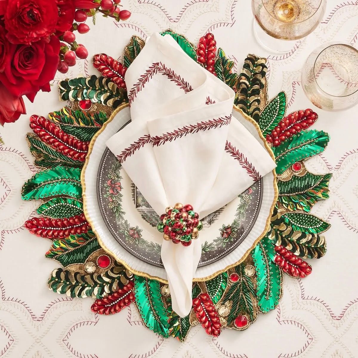 Holly and Sprig Placemat in Green Red & Gold Set of 2 | Kim Seybert Sale