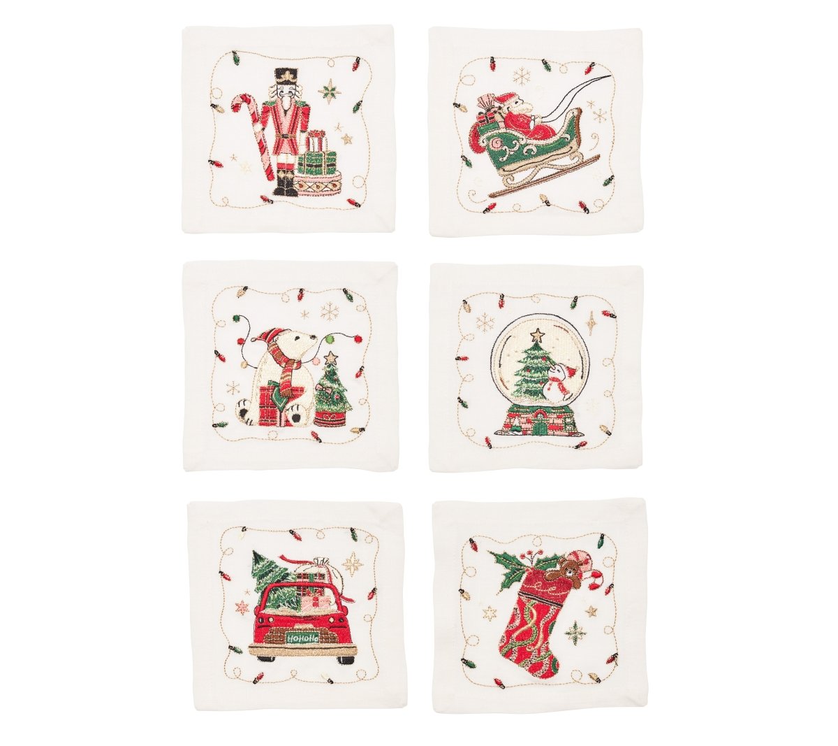 Holly Jolly Cocktail Napkin in White & Multi, Set of 6 in a Gift Box Kim Seybert