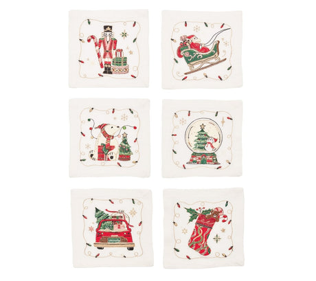 Holly Jolly Cocktail Napkin in White & Multi, Set of 6 in a Gift Box Kim Seybert