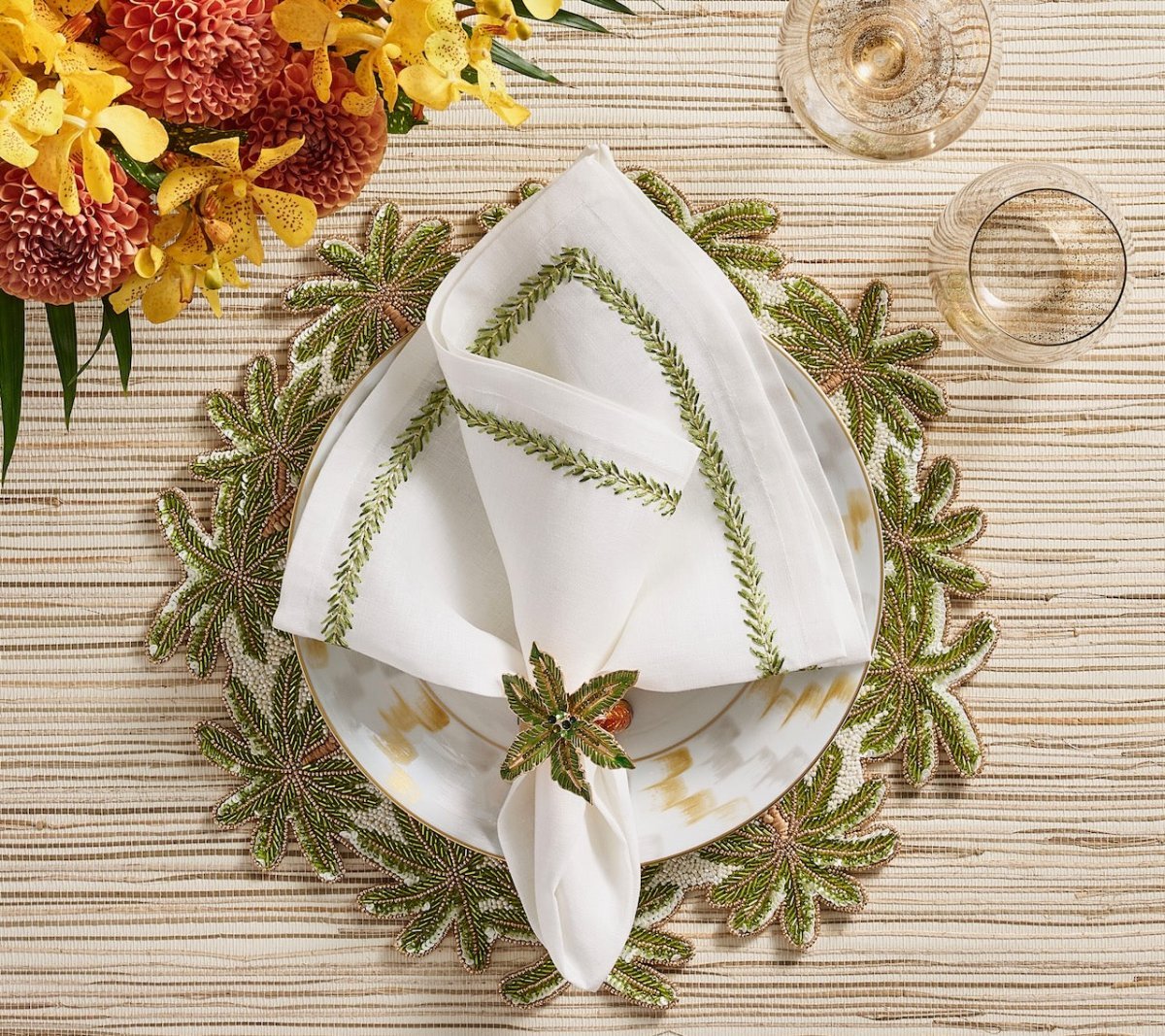 Jardin Napkin in White & Green Set of 4 by Kim Seybert WHITE/GREEN 21"L x 21"W x 0.1"H Napkin - Set of 4 at FIG LINENS AND HOME 1