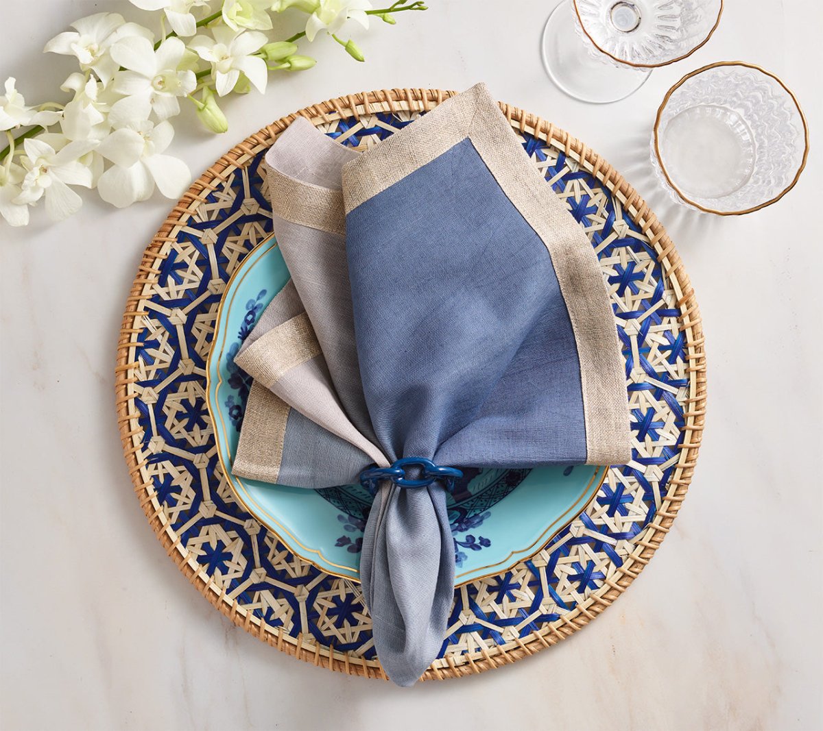 Kim Seybert Lanai Placemats in Natural & Blue | Set of 4 at Fig Linens and Home - View 2