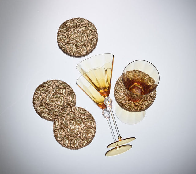 Lune Coaster in Gold, Set of 4 in a Gift Bag by Kim Seybert Gold 4.65"L x 4.65"W x 0.2"H - Set of 4 Coasters at FIG LINENS AND HOME 1