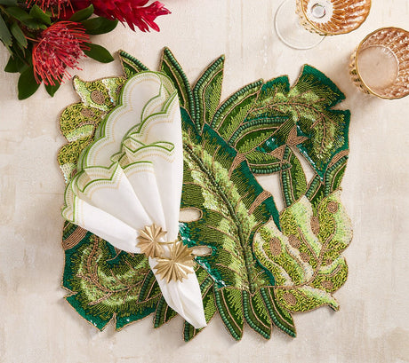Kim Seybert Lune Napkin in White, Green & Gold at Fig Linens and Home - Lifestyle 3