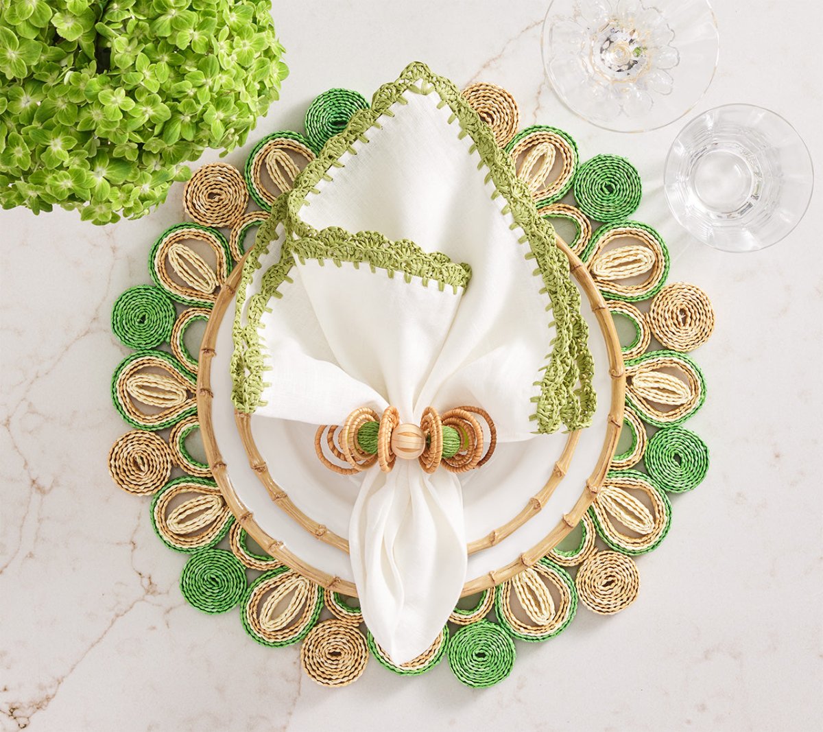 Marisol Placemat in Natural & Green Set of 4 by Kim Seybert - Lifestyle at Fig Linens and Home 4