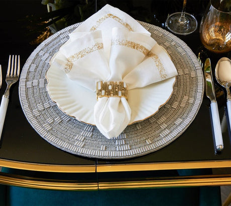 Matrix Napkin Ring in Gold Set of 4 by Kim Seybert at Fig Linens and Home - Lifestyle 3