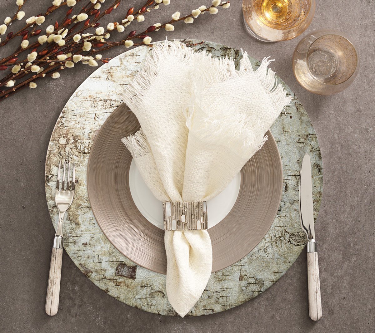 Matrix Napkin Ring in Silver Set of 4 by Kim Seybert at Fig Linens and Home - Lifestyle 3