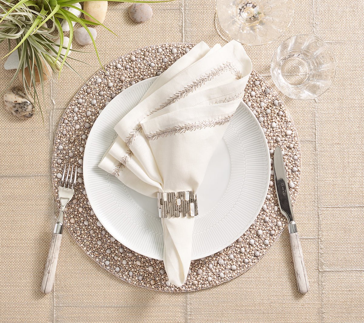 Matrix Napkin Ring in Silver Set of 4 by Kim Seybert at Fig Linens and Home - Lifestyle 4