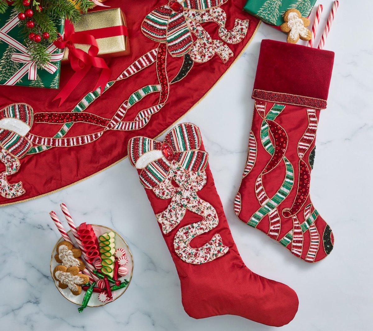 Kim Seybert Red, Green & Gold Merry Bow Christmas Holiday Stocking at Fig Linens and Home 1