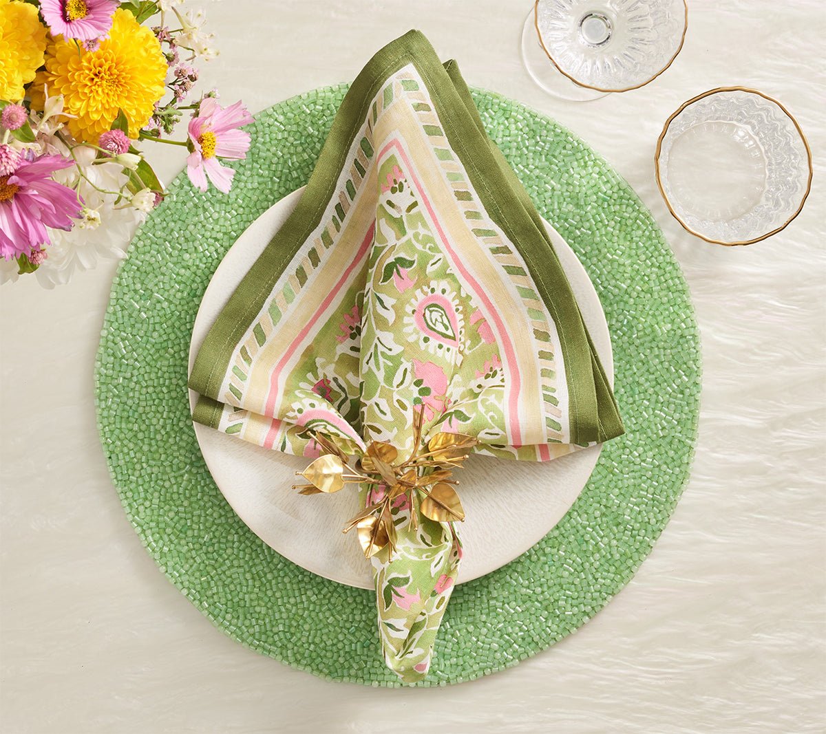 Mira Napkin in Green & Pink by Kim Seybert at Fig Linens and Home - Lifestyle 1