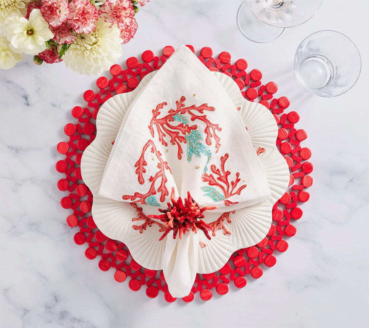 Round Bamboo Placemat in Coral Set of 4 by Kim Seybert - Lifestyle at Fig Linens and Home 1