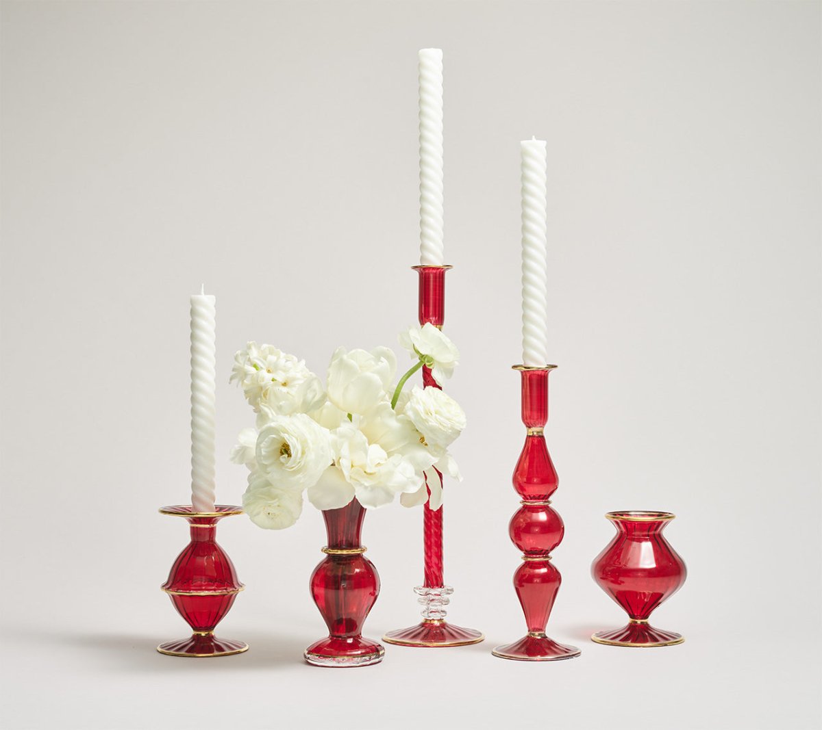 Kim Seybert Scallop Bud Vase in Ruby shown with other Vases