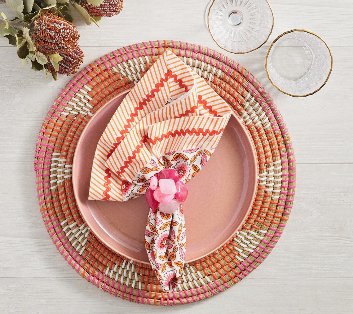 Sea Stone Napkin Ring in Pink Set of 4 by Kim Seybert - Lifestyle at Fig Linens and Home 3