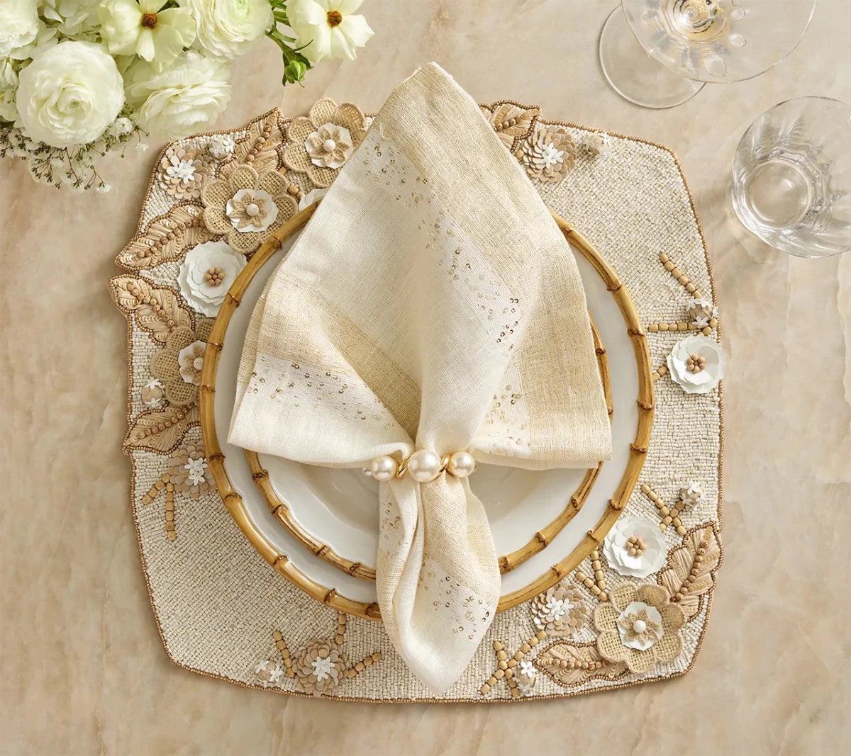 Spectra White & Gold Napkin Detail 8 | Kim Seybert at Fig Linens and Home