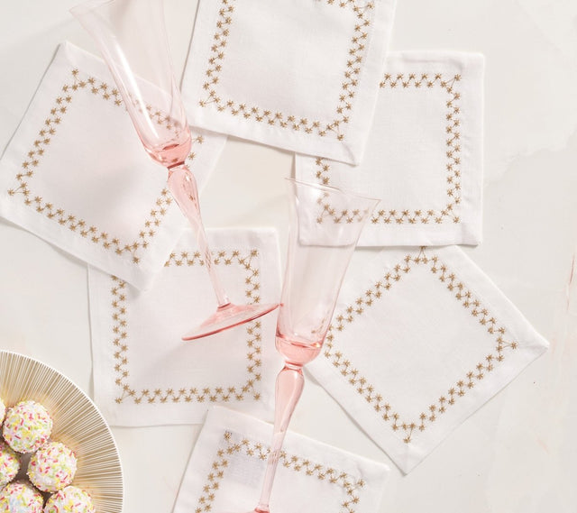 Starry Night Cocktail Napkin in White & Gold, Set of 6 in a Gift Box Kim Seybert at Fig Linens and Home - 35