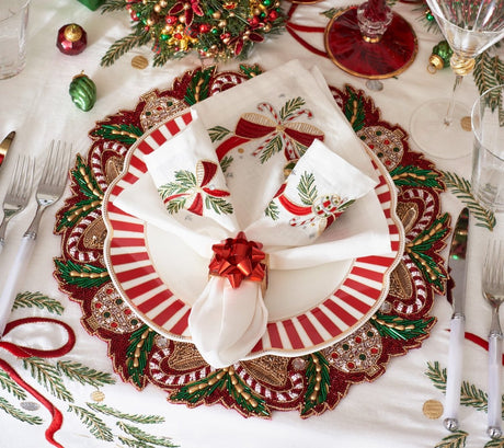 Tinsel Bow White/Red/Green Napkin Detail 4 | Kim Seybert at Fig Linens and Home