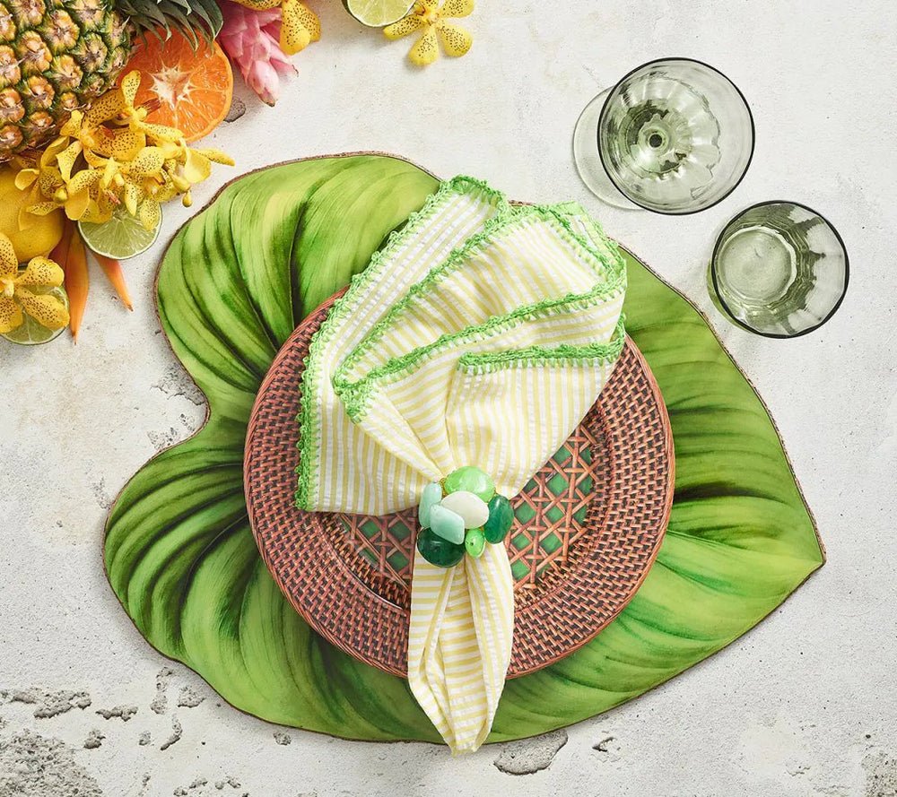 Kim Seybert Tropicana Green Placemats Set of 4 - Lifestyle Image 2 on Table at Fig Linens and Home