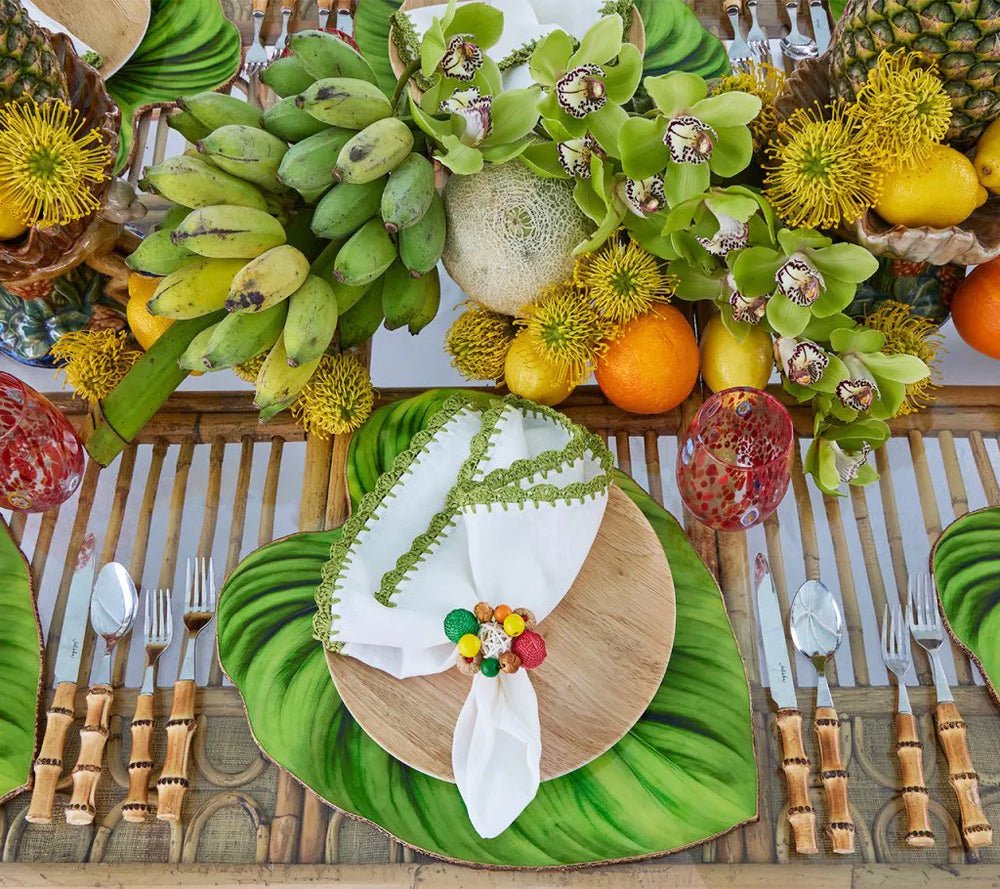 Kim Seybert Tropicana Green Placemats Set of 4 - Lifestyle Image 3 on Table at Fig Linens and Home