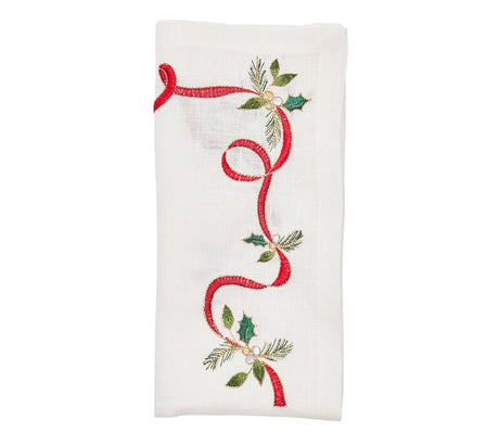 Xmas Ribbon Napkin in White, Red & Green, Set of 4 Kim Seybert at Fig Linens and Home