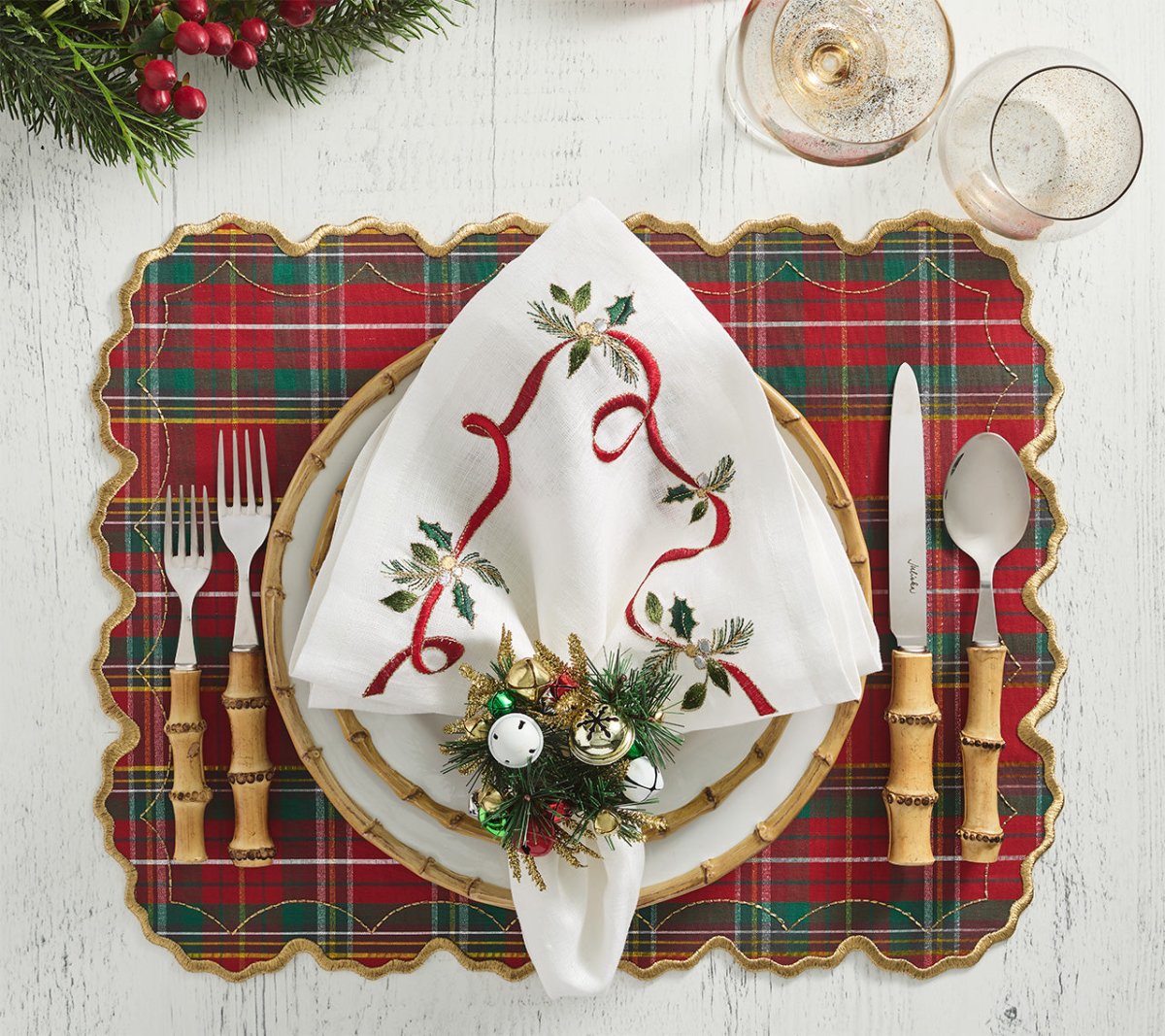 Xmas Ribbon Napkin in White, Red & Green, Set of 4 Kim Seybert at Fig Linens and Home 2