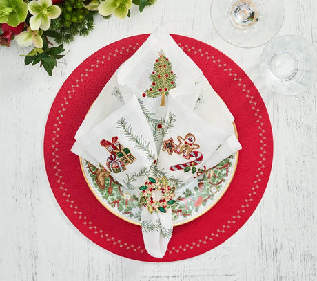 Xmas Trellis White/Red/Green Napkin Detail 4 | Kim Seybert at Fig Linens and Home