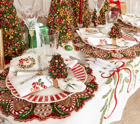 Xmas Trellis White/Red/Green Napkin Detail 5 | Kim Seybert at Fig Linens and Home