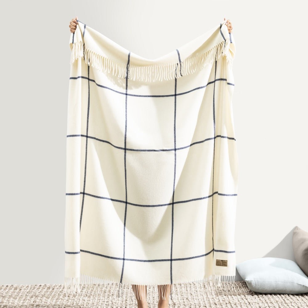 Windowpane Cashmere Throw Ecru & Navy by Lands Downunder - Full View at Fig Linens and Home