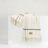 Windowpane Cashmere Throw Ecru & Navy by Lands Downunder - On Riser View at Fig Linens and Home