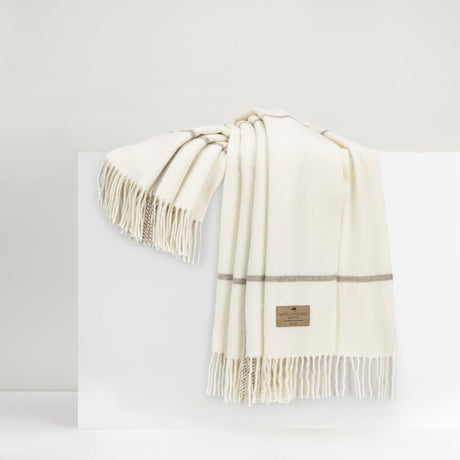 Windowpane Cashmere Throw Ecru & Taupe by Lands Downunder - Shown on Riser at Fig Linens and Home