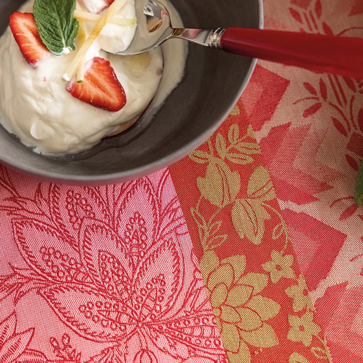 Gipsy Red Tablecloth By Le Jacquard Francais - Lifestyle 1 at Fig Linens and Home