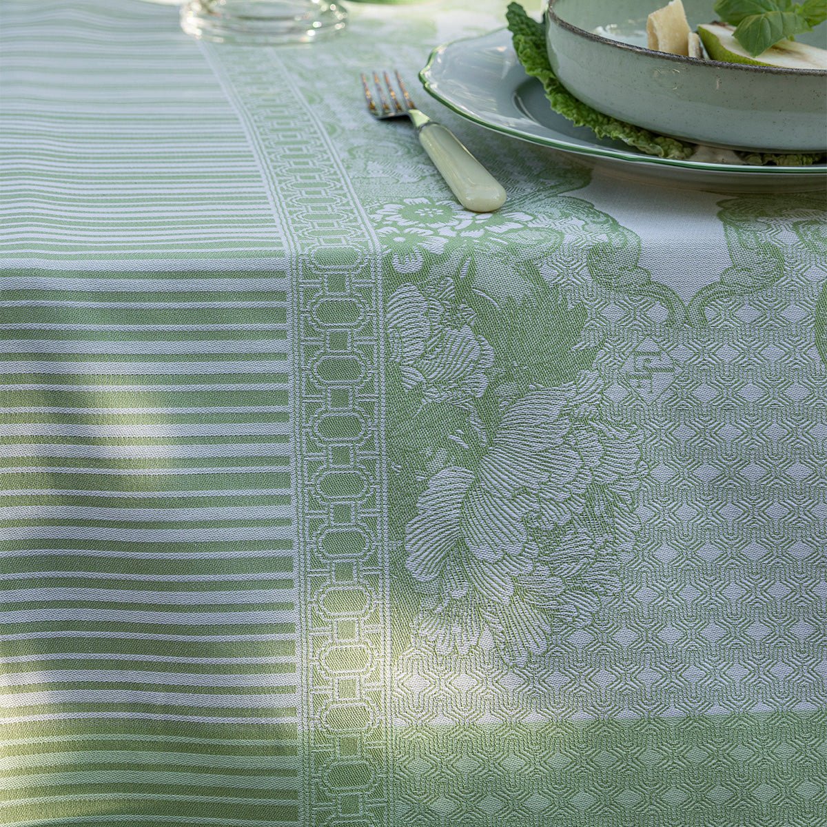 Promenade Impériale Jade Green Tablecloths by Le Jacquard Francais at Fig Linens and Home - View 7