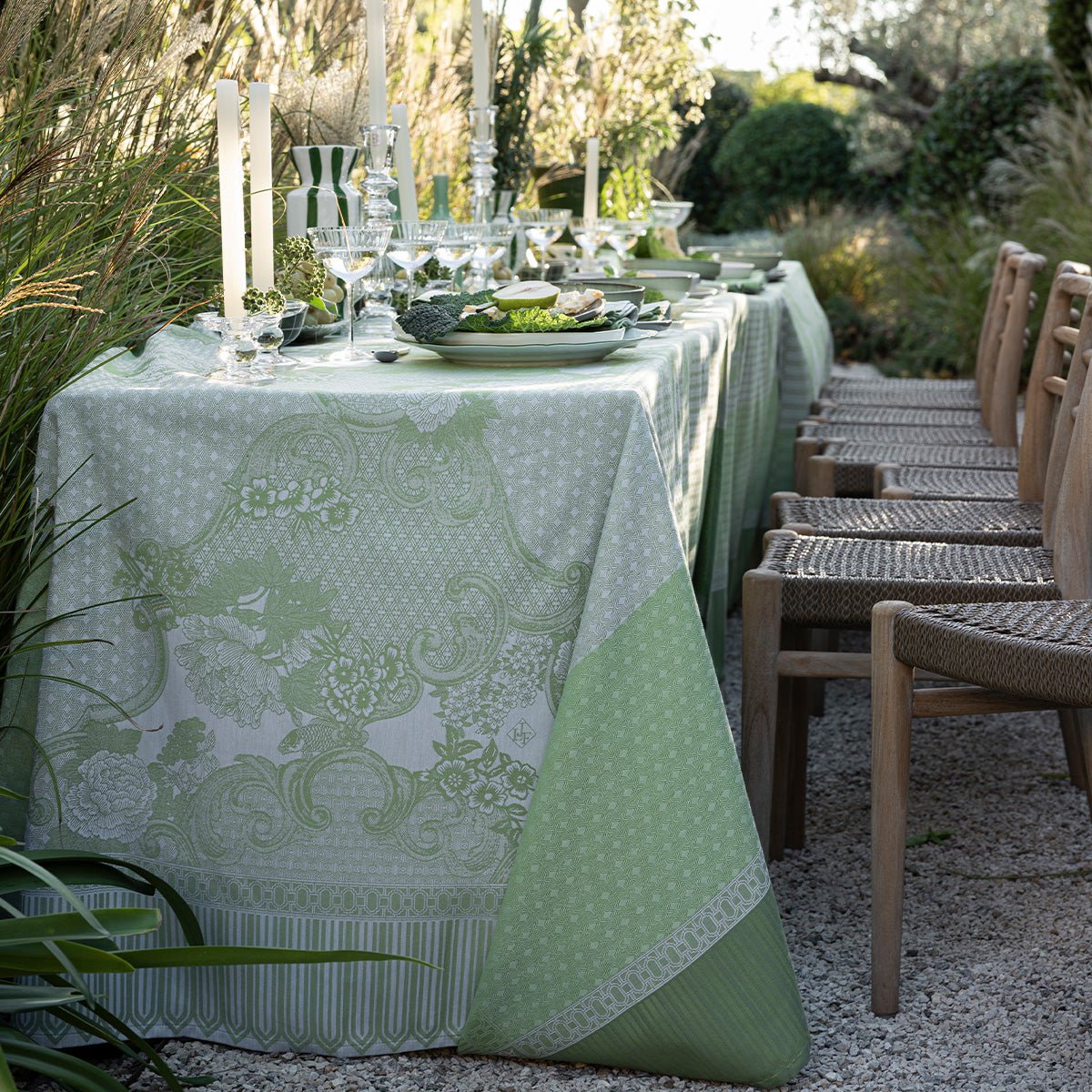 Promenade Impériale Jade Green Tablecloths by Le Jacquard Francais at Fig Linens and Home - View 2