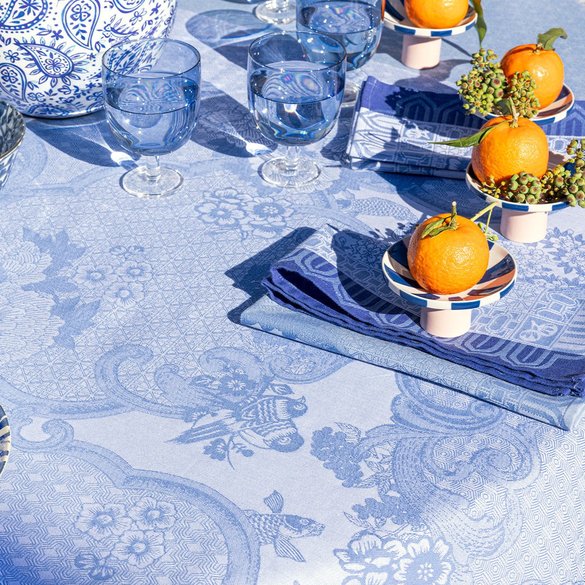 Promenade Impériale Lapis Blue Tablecloths by Le Jacquard Francais at Fig Linens and Home - Detail 3