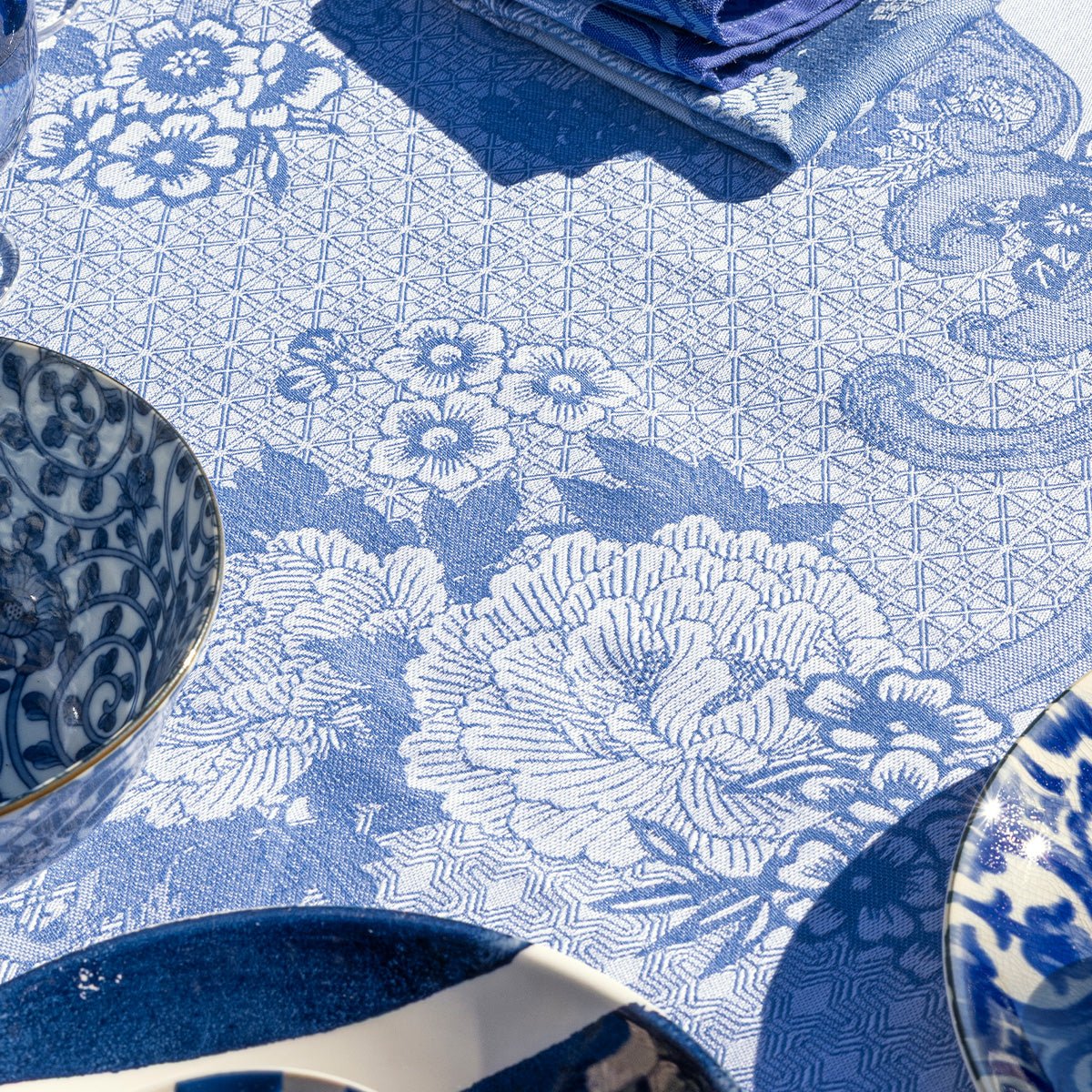 Promenade Impériale Lapis Blue Tablecloths by Le Jacquard Francais at Fig Linens and Home - Detail 4